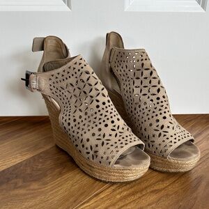 Marc Fisher Laser-Cut Suede Wedge Sandals in Beige